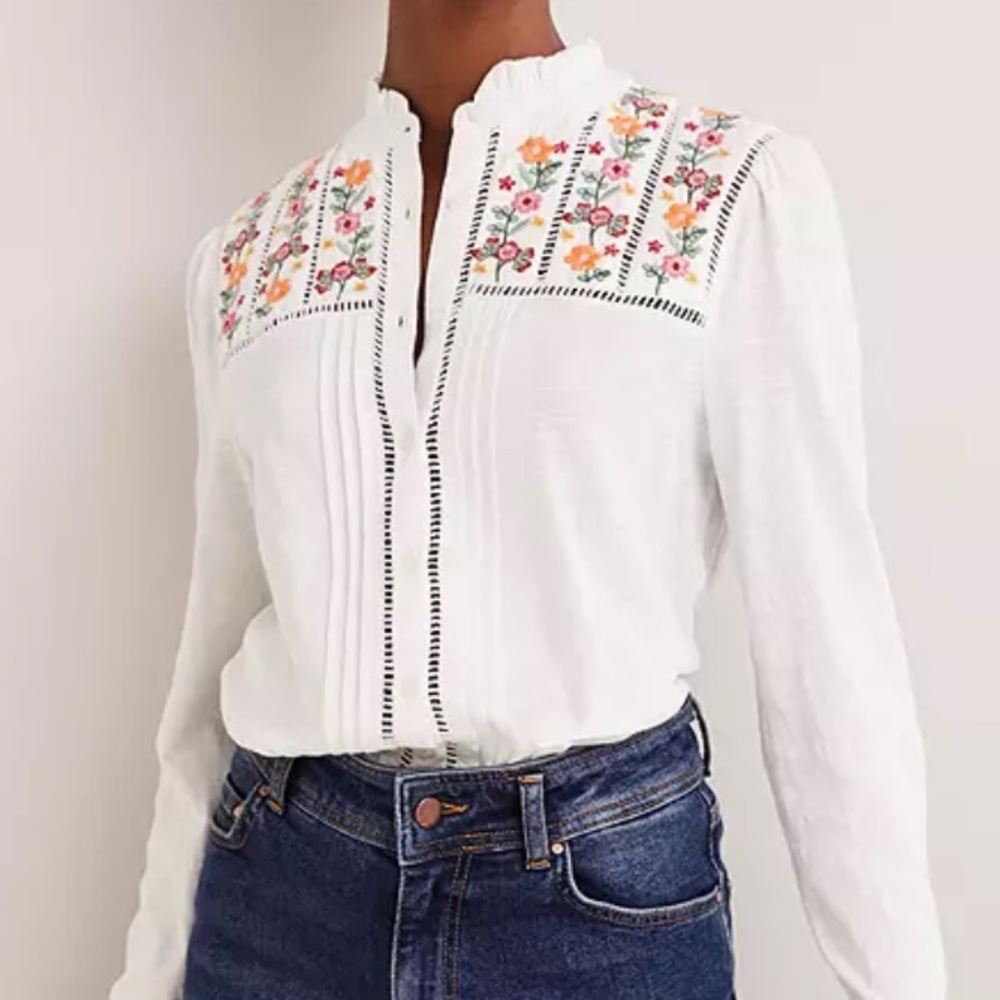 Boden White Button-Down Blouse with Multicolor Floral Embroidery